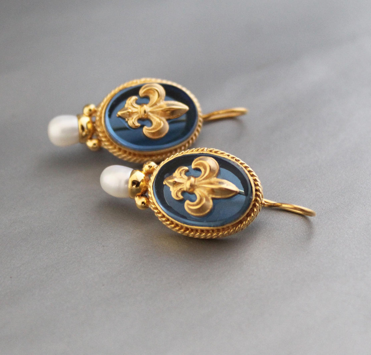 Blue Fleur-de-lis Intaglio Earrings, Victorian Style, 18K Gold Vermeil, photo 10