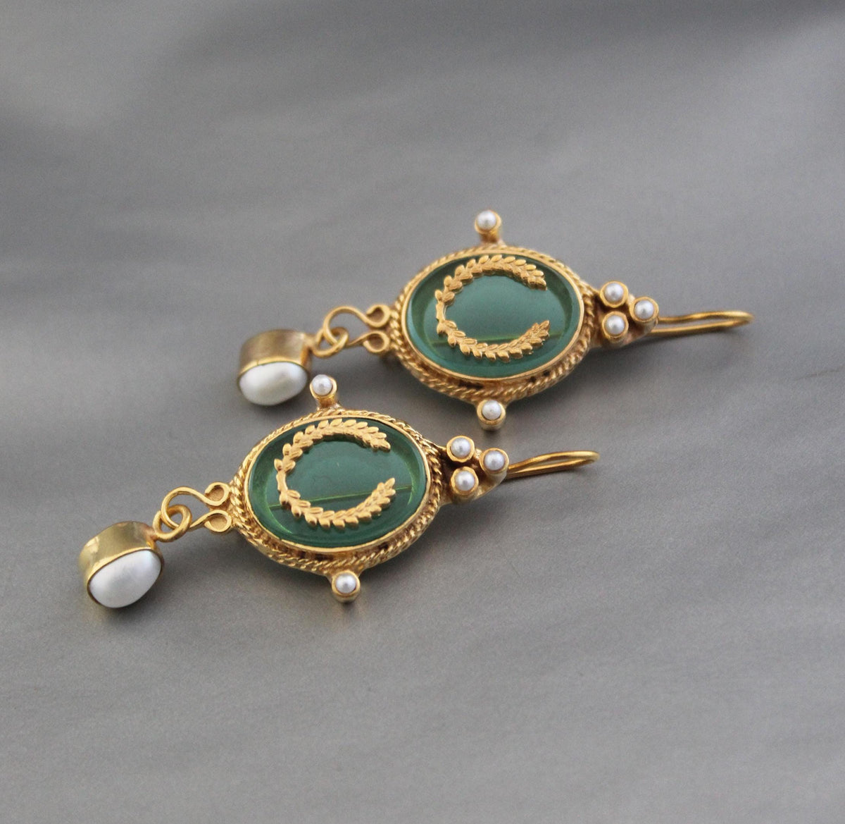 Green Glass Intaglio Drop Earrings, Victorian Style, Gold Vermeil, photo 5