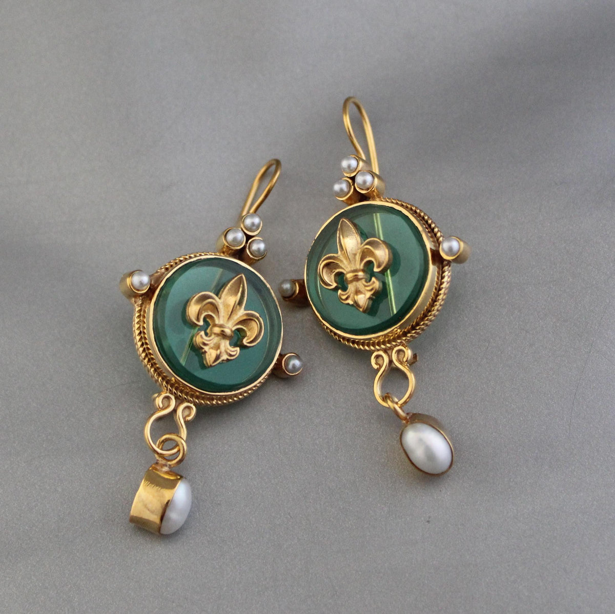 Green Fleur-de-lis Intaglio Earrings, Edwardian Style with Pearls, Antique Gold