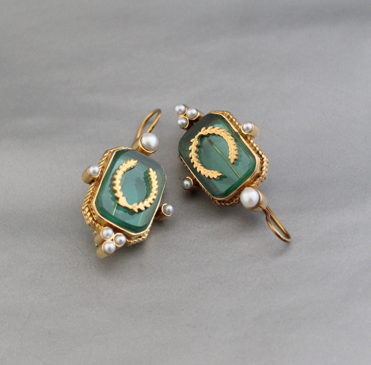 Green Laurel Intaglio Earrings, Victorian Style, 18K Gold Plated, photo 7