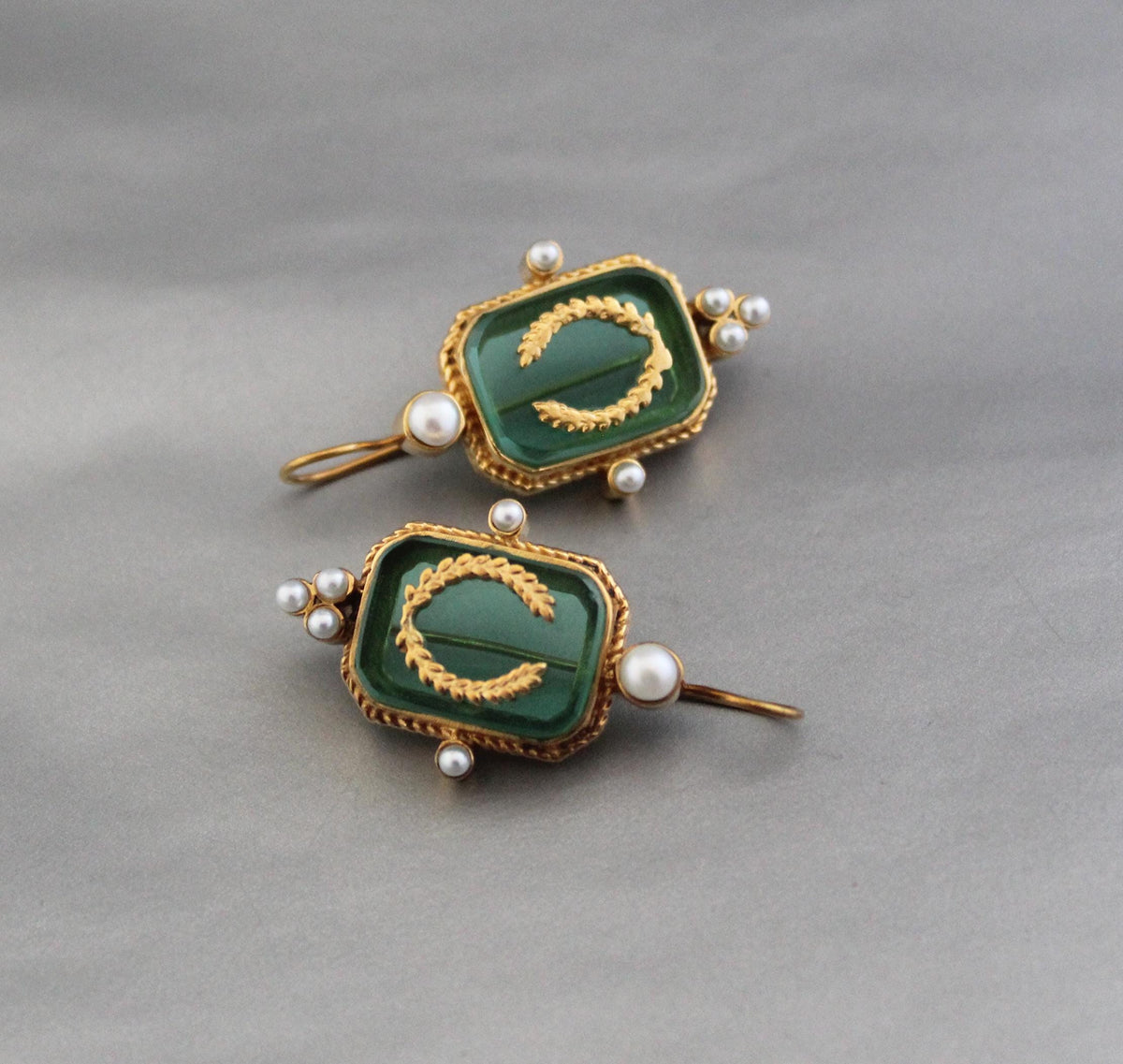 Green Laurel Intaglio Earrings, Victorian Style, 18K Gold Plated, photo 9