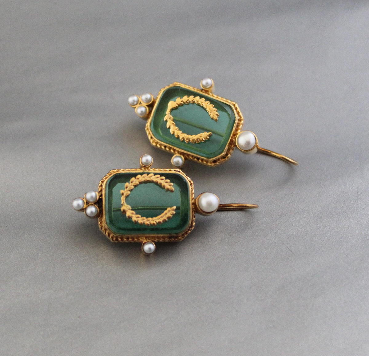 Green Laurel Intaglio Earrings, Victorian Style, 18K Gold Plated, photo 5