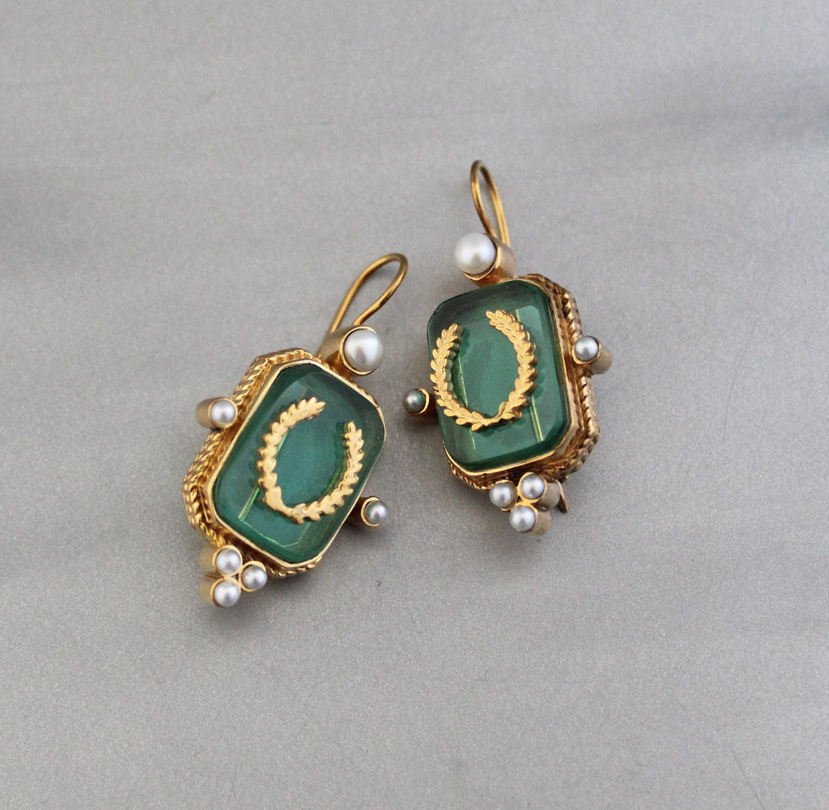 Green Laurel Intaglio Earrings, Victorian Style, 18K Gold Plated, photo 2