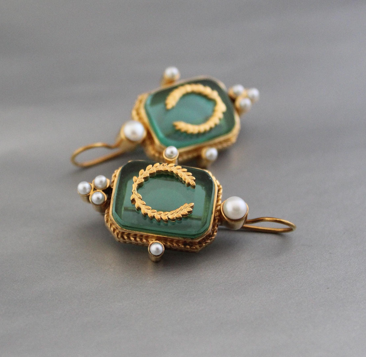 Green Laurel Intaglio Earrings, Victorian Style, 18K Gold Plated, photo 10