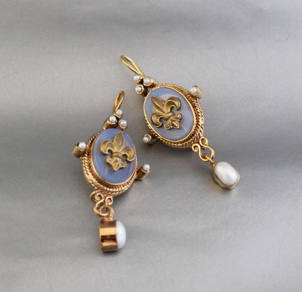 Opal Fleur-de-lis Intaglio Earrings, Victorian Gold and Pearl