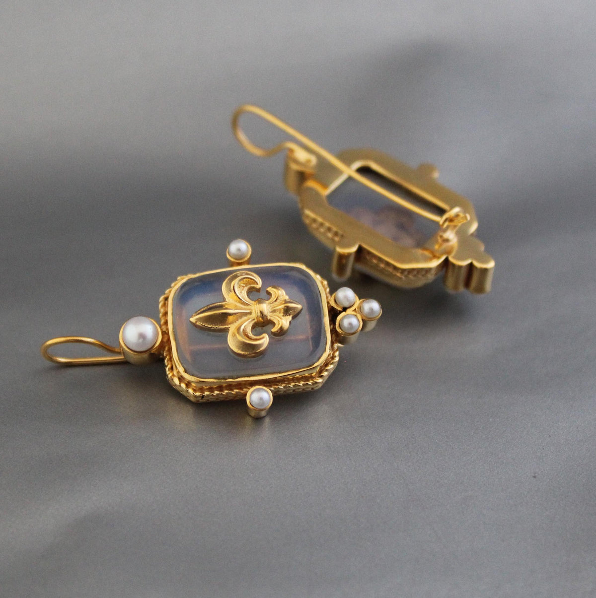 Opal Fleur-de-lis Intaglio Earrings, Victorian Revival, 14K Gold Plated, photo 8