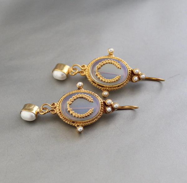 Opal Laurel Intaglio Earrings, Victorian Dangles, Gold Plated