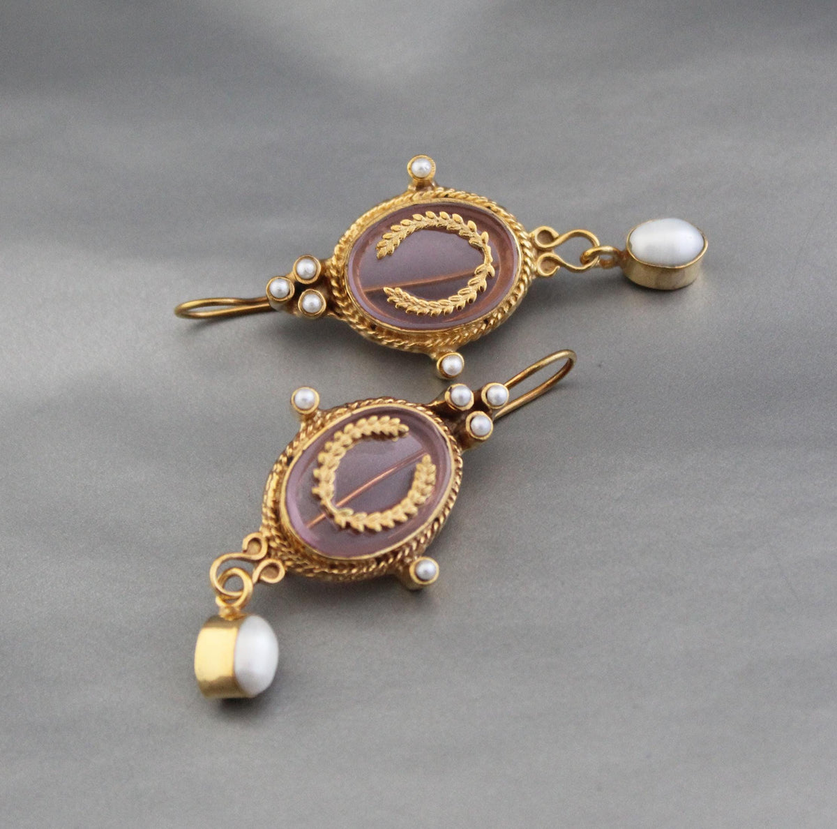 Pink Intaglio Earrings, Bridal Pearl Drops, Gold Plated, photo 11