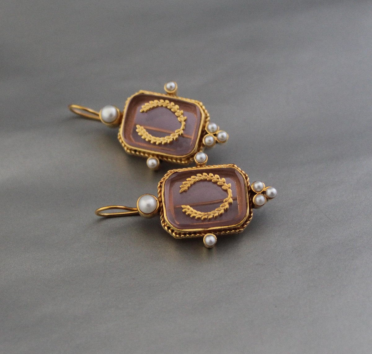 Laurel Wreath Intaglio Earrings, Victorian Pearls, Gold Plated
