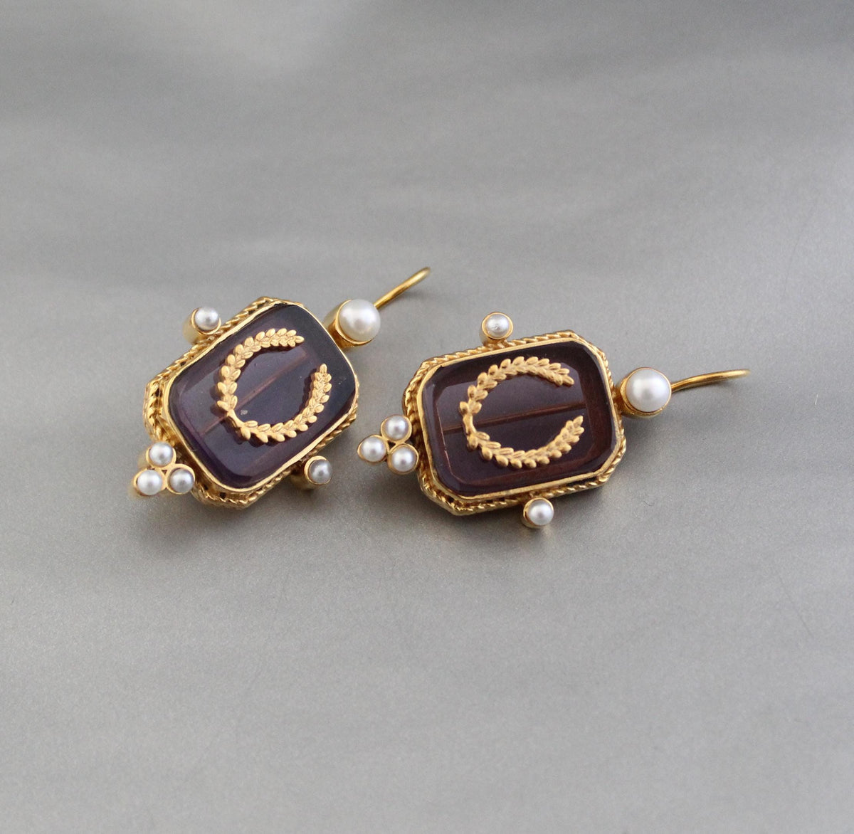 Purple Laurel Intaglio Earrings, Victorian Pearl Accents, Gold Plated, photo 5