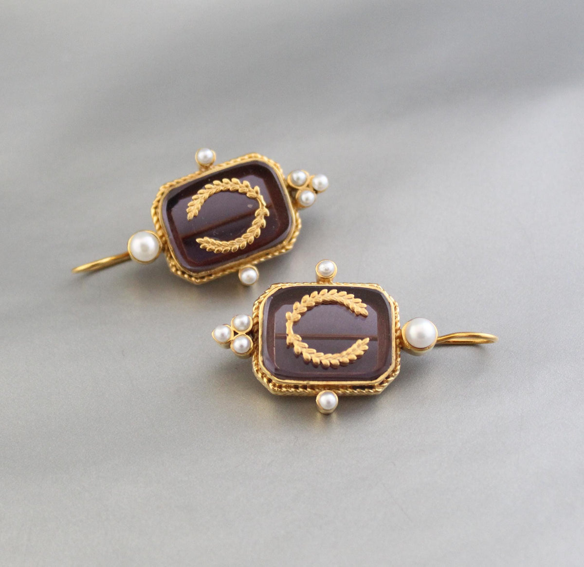Purple Laurel Intaglio Earrings, Victorian Pearl Accents, Gold Plated, photo 10