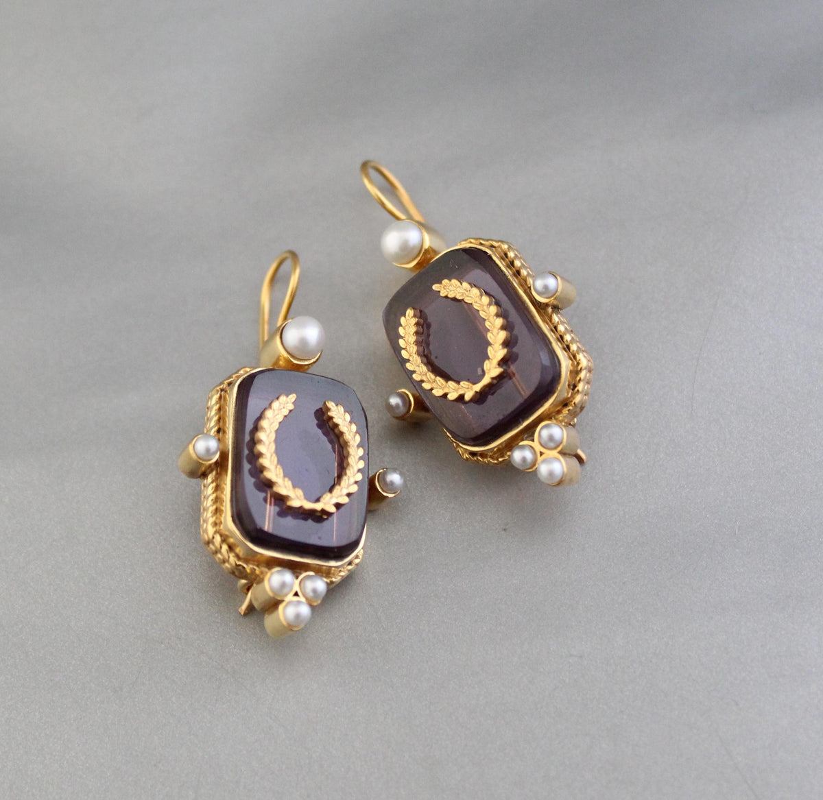 Purple Laurel Intaglio Earrings, Victorian Pearl Accents, Gold Plated, photo 2