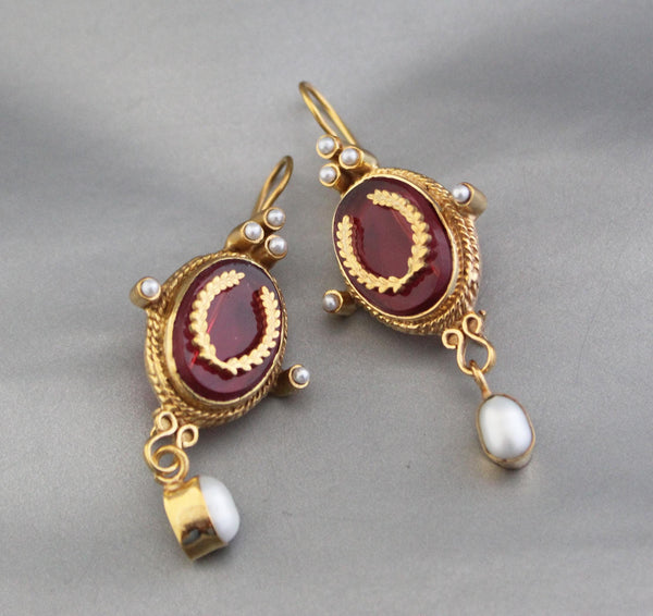 Red Laurel Intaglio Earrings, Victorian Dangles, Gold Plated