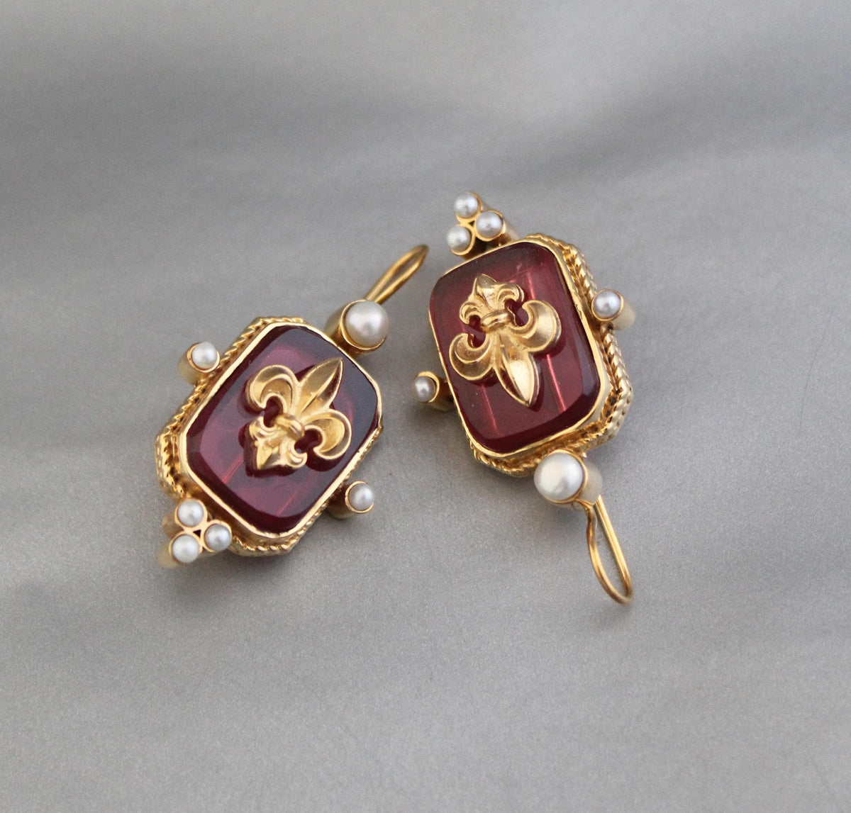Red Intaglio Earrings, Victorian Style, Gold Plated, photo 4