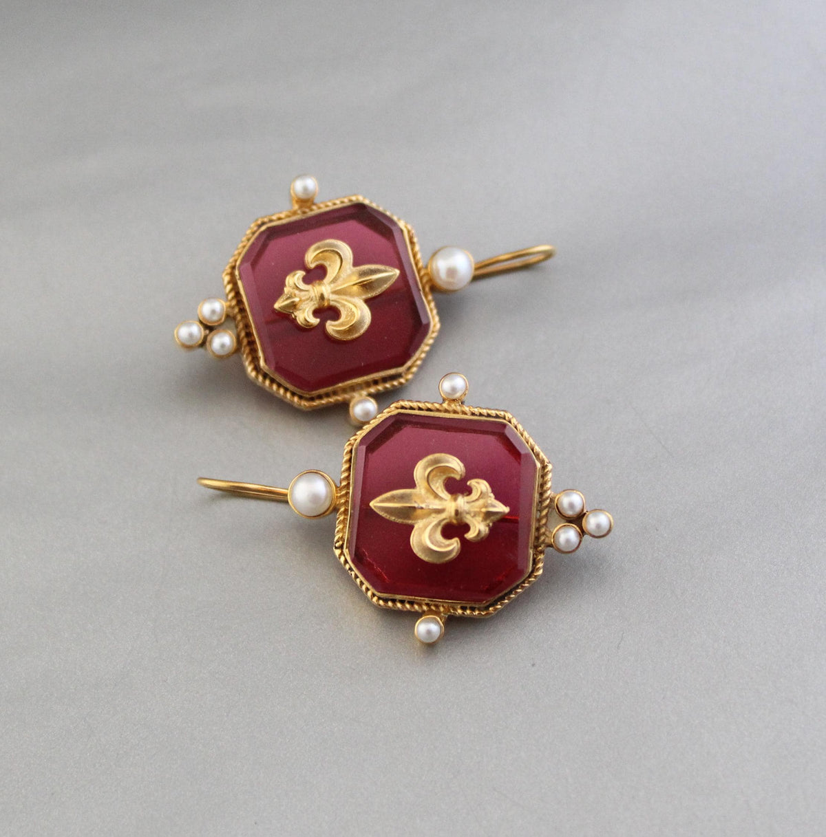 Red Intaglio Glass Earrings, Victorian Dangles with Pearls, Gold Plated, photo 9