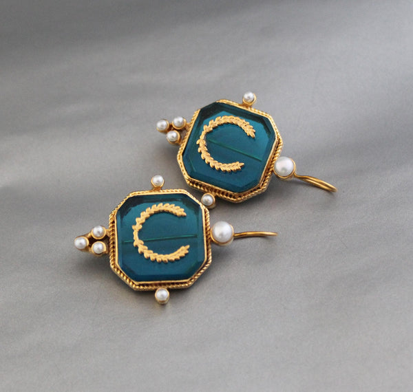 Turquoise Blue Laurel Intaglio Earrings, Victorian Style, Gold Plated