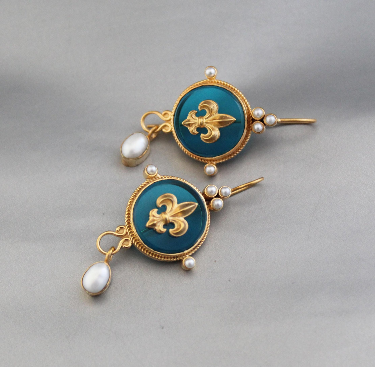 Turquoise Blue Intaglio Earrings, Victorian Dangles, Gold Plated, photo 4