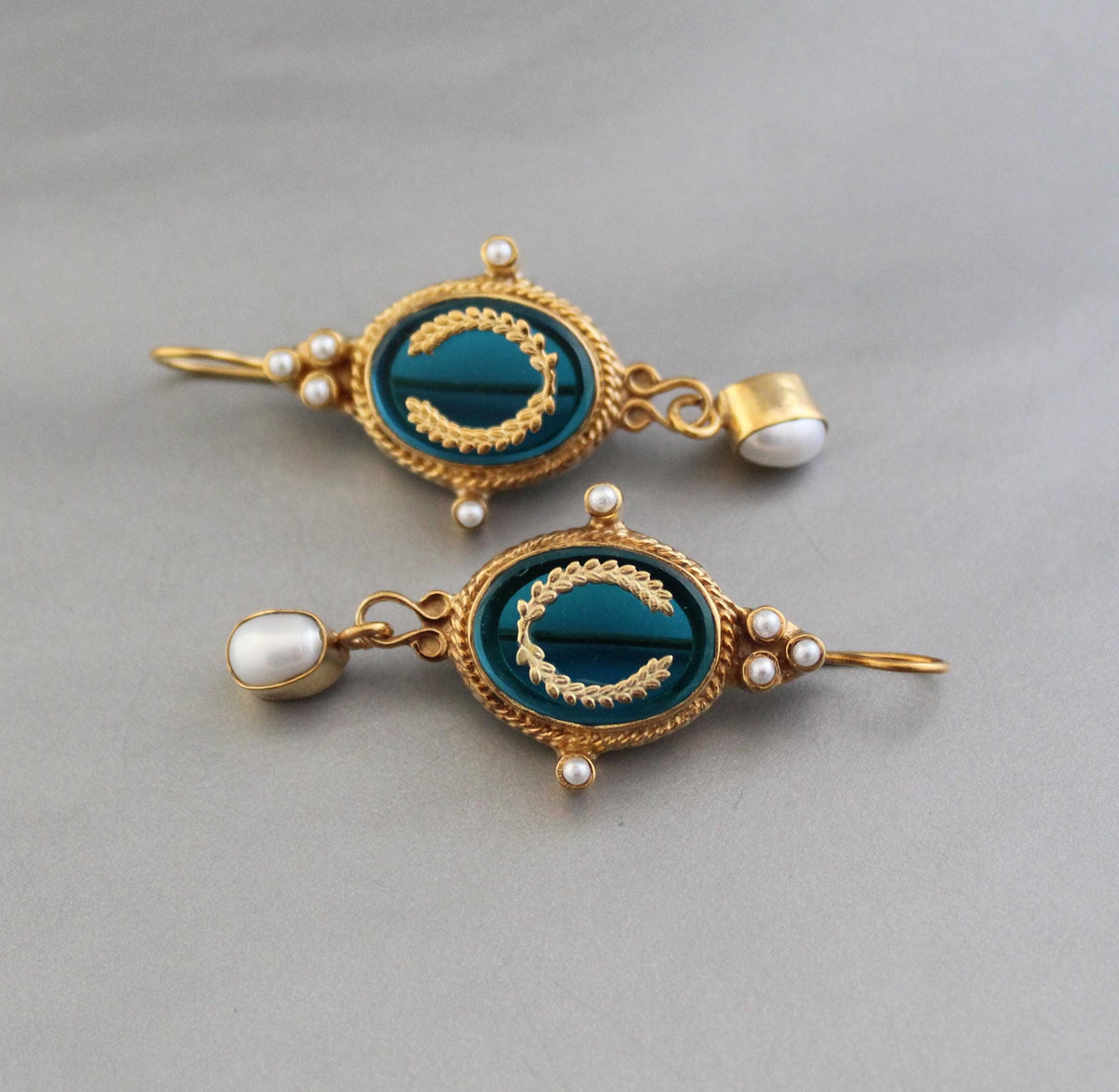 Laurel Wreath Intaglio Earrings, Victorian Pearl Dangles, Gold Plated, photo 5