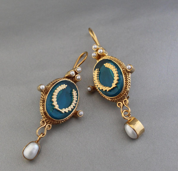 Laurel Wreath Intaglio Earrings, Victorian Pearl Dangles, Gold Plated