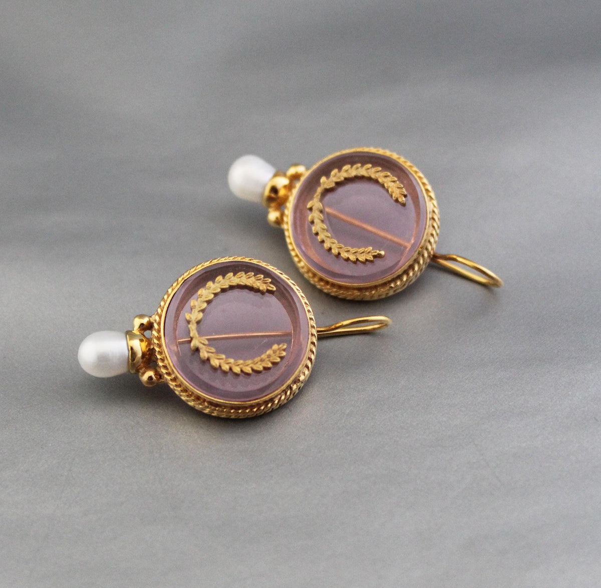 Pink Laurel Intaglio Earrings, 1920s Art Deco Style, photo 4