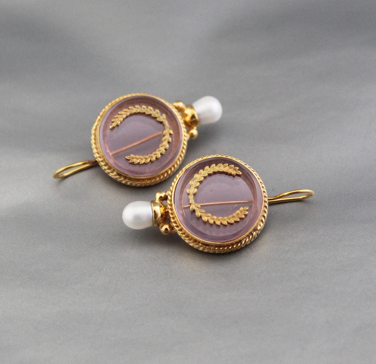 Pink Laurel Intaglio Earrings, 1920s Art Deco Style, photo 7