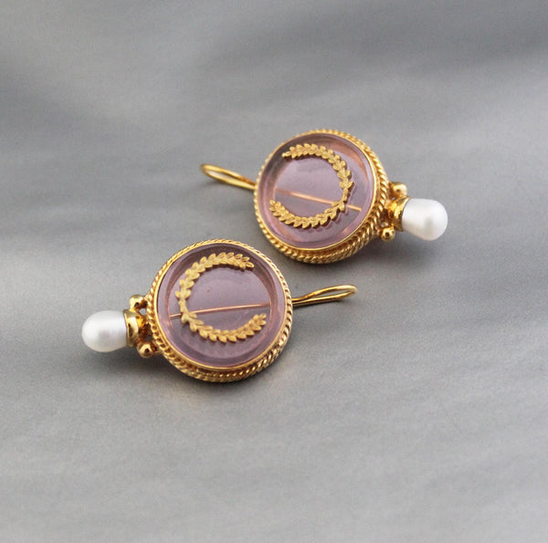 Pink Laurel Intaglio Earrings, 1920s Art Deco Style