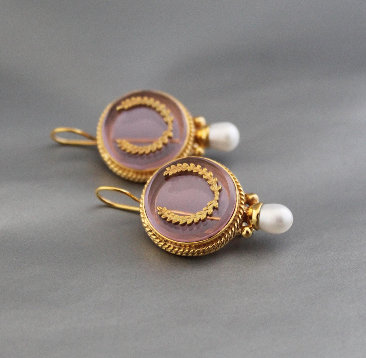 Pink Laurel Intaglio Earrings, 1920s Art Deco Style, photo 6