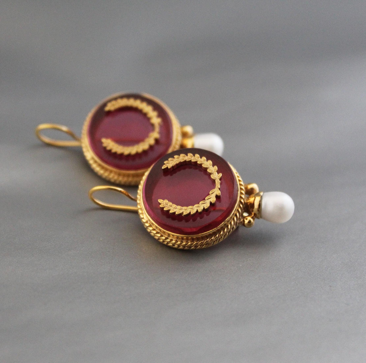 Red Laurel Wreath Intaglio Earrings, Victorian Gold Vermeil, photo 2