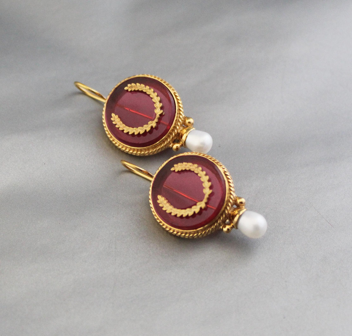 Red Laurel Wreath Intaglio Earrings, Victorian Gold Vermeil, photo 7