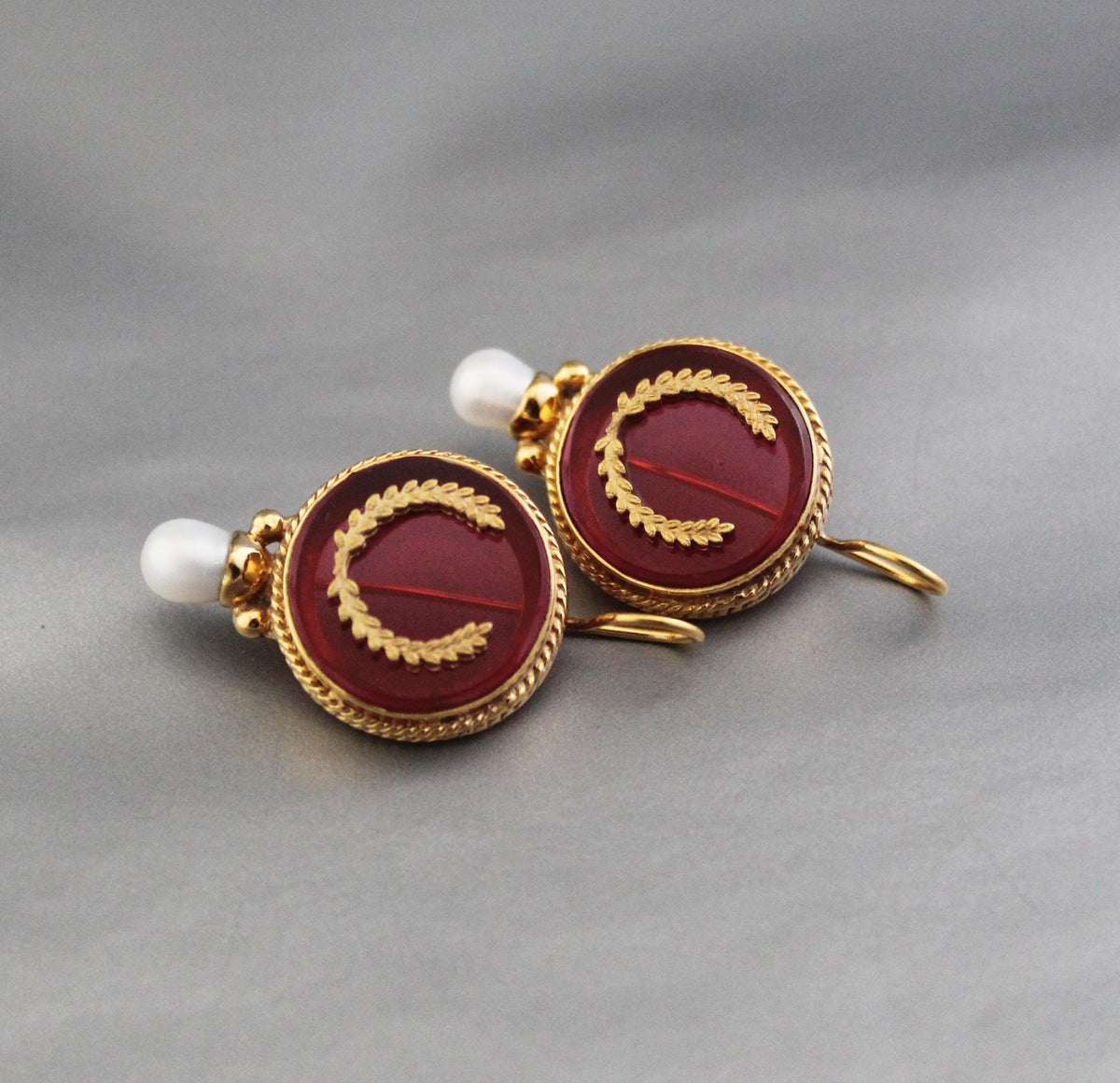 Red Laurel Wreath Intaglio Earrings, Victorian Gold Vermeil
