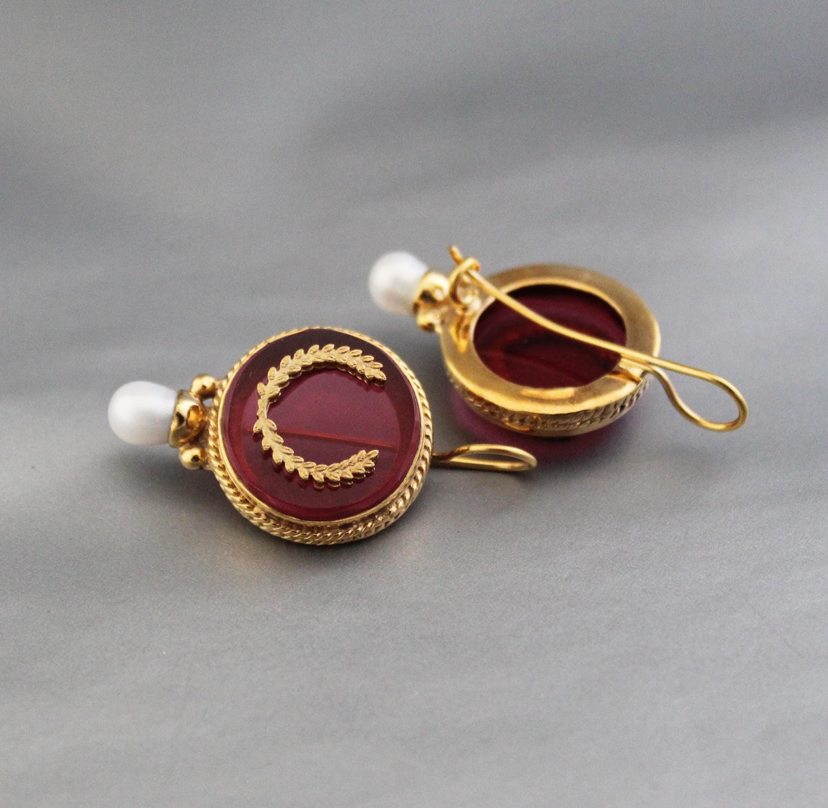 Red Laurel Wreath Intaglio Earrings, Victorian Gold Vermeil, photo 4