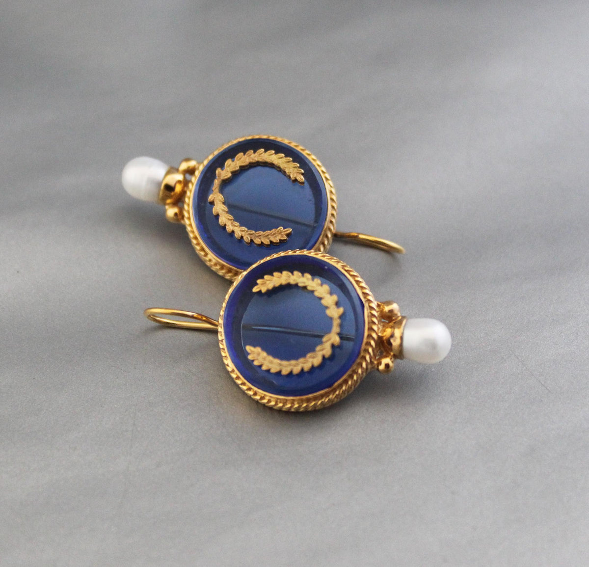Blue Intaglio Glass Earrings, 1920s Art Deco Pearl Drops, Brass, photo 6