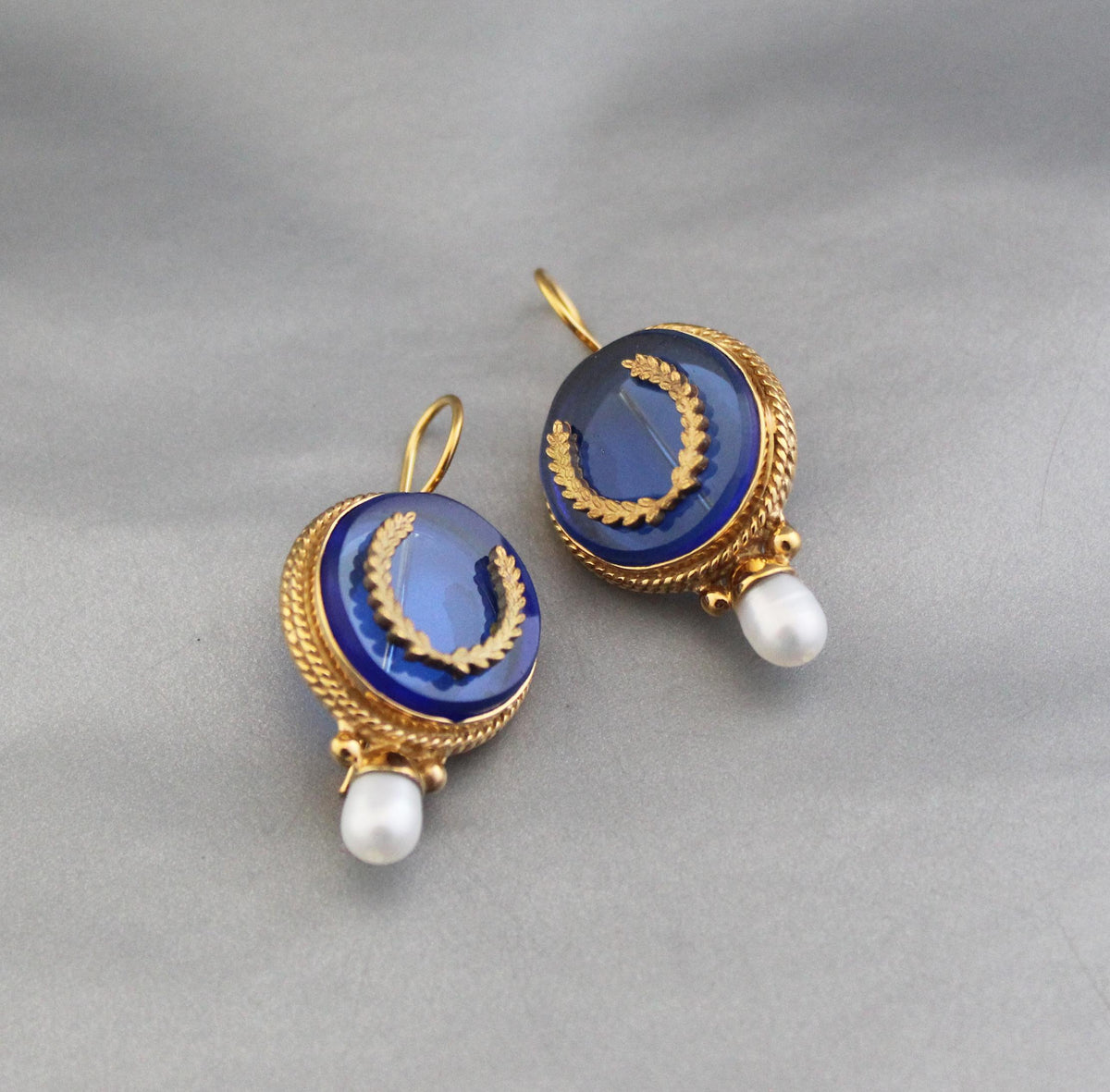 Blue Intaglio Glass Earrings, 1920s Art Deco Pearl Drops, Brass, photo 4