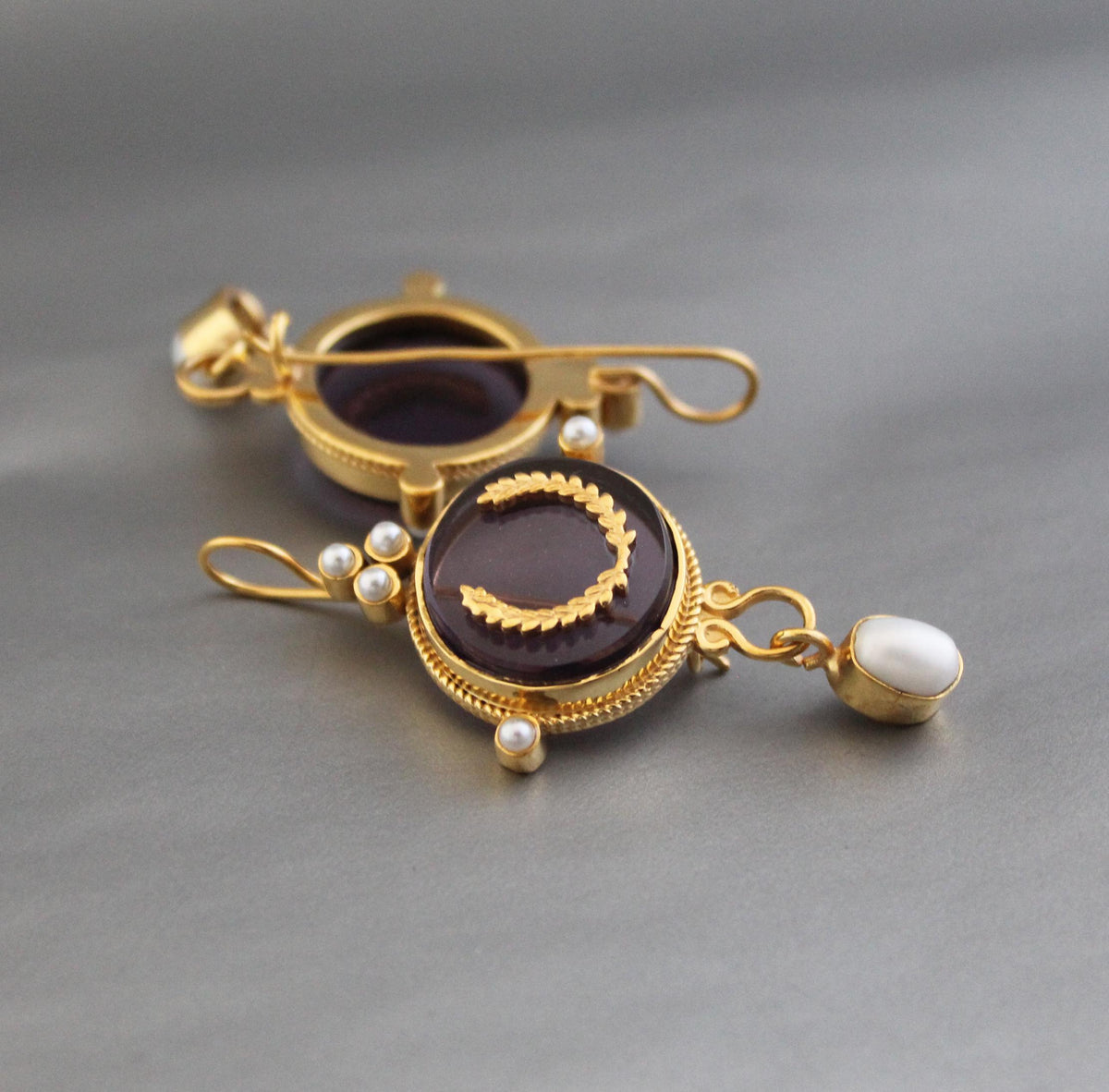 Purple Crystal Laurel Intaglio Earrings, Bridal Pearls, Gold Vermeil, photo 5