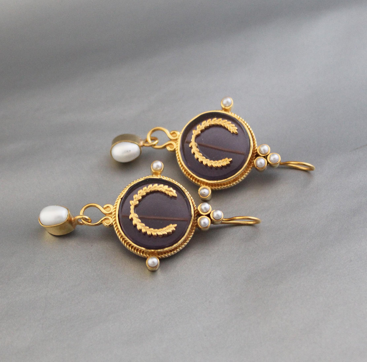 Purple Crystal Laurel Intaglio Earrings, Bridal Pearls, Gold Vermeil, photo 2