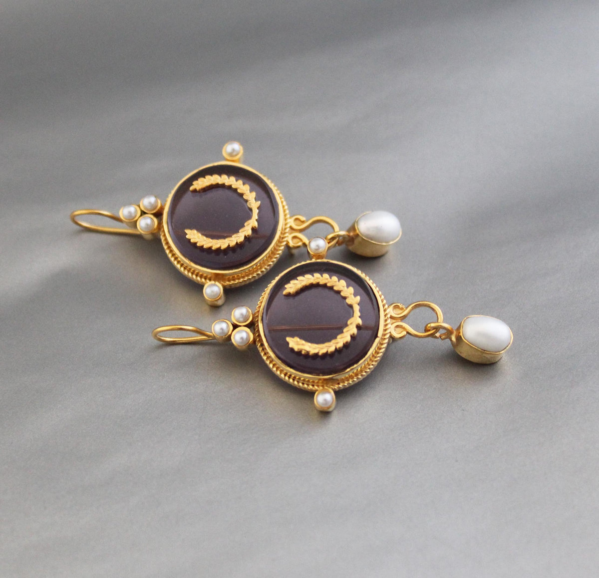 Purple Crystal Laurel Intaglio Earrings, Bridal Pearls, Gold Vermeil, photo 6