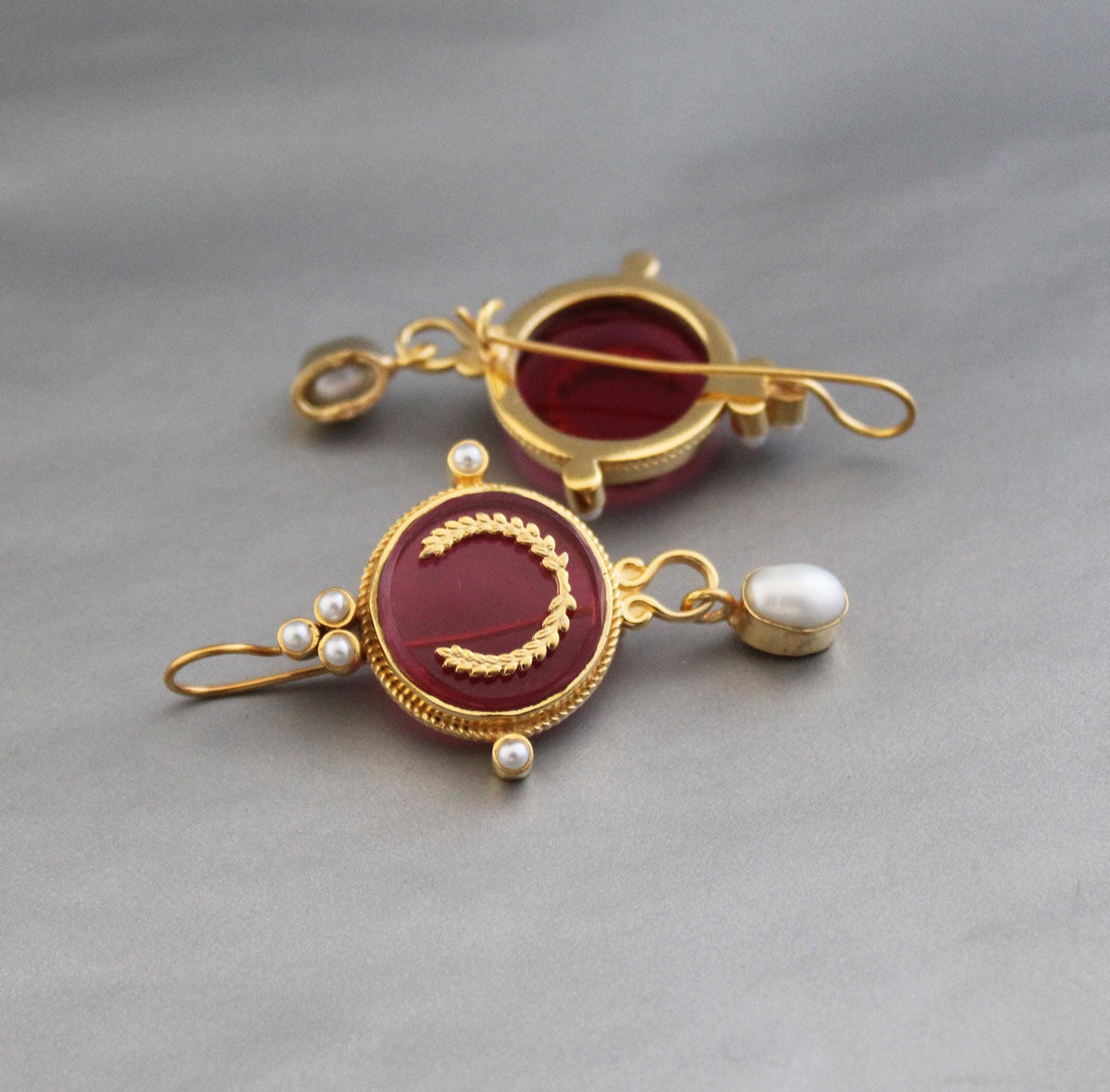 Red Laurel Intaglio Drop Earrings, Victorian Style, Gold Plated, photo 2
