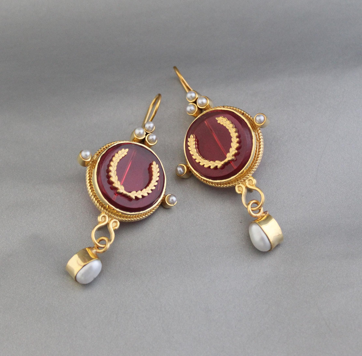 Red Laurel Intaglio Drop Earrings, Victorian Style, Gold Plated