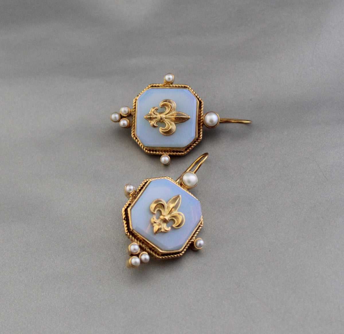 Opal Fleur-de-lis Intaglio Earrings, Victorian Style, Gold Vermeil, photo 2