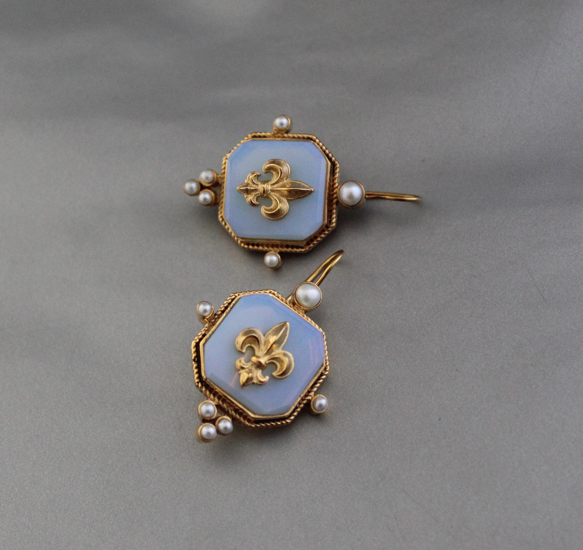 Opal Fleur-de-lis Intaglio Earrings, Victorian Style, Gold Vermeil, photo 9