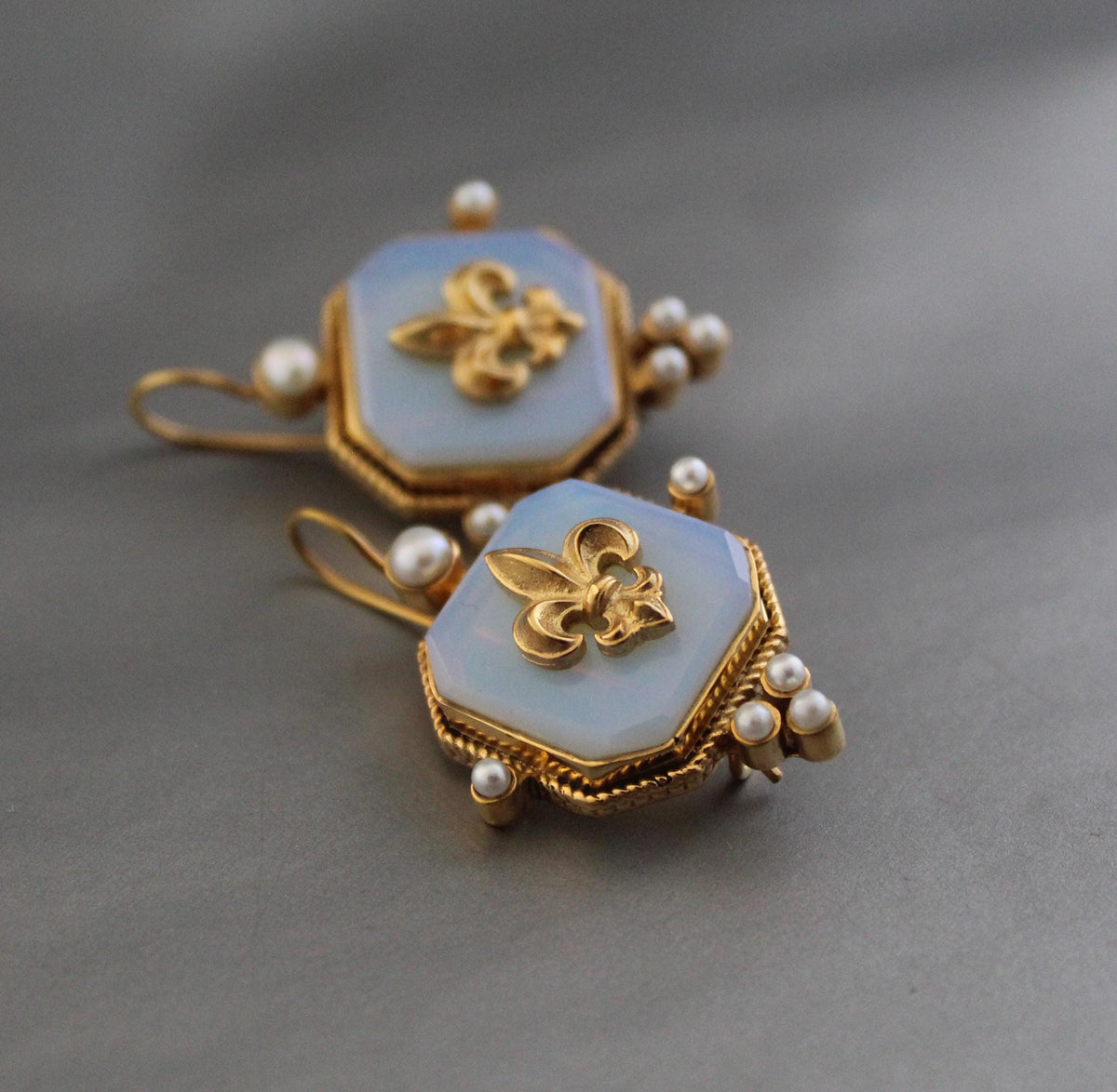 Opal Fleur-de-lis Intaglio Earrings, Victorian Style, Gold Vermeil, photo 5
