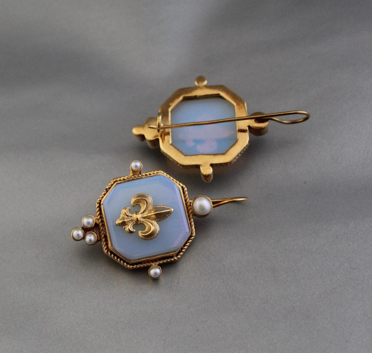 Opal Fleur-de-lis Intaglio Earrings, Victorian Style, Gold Vermeil, photo 4