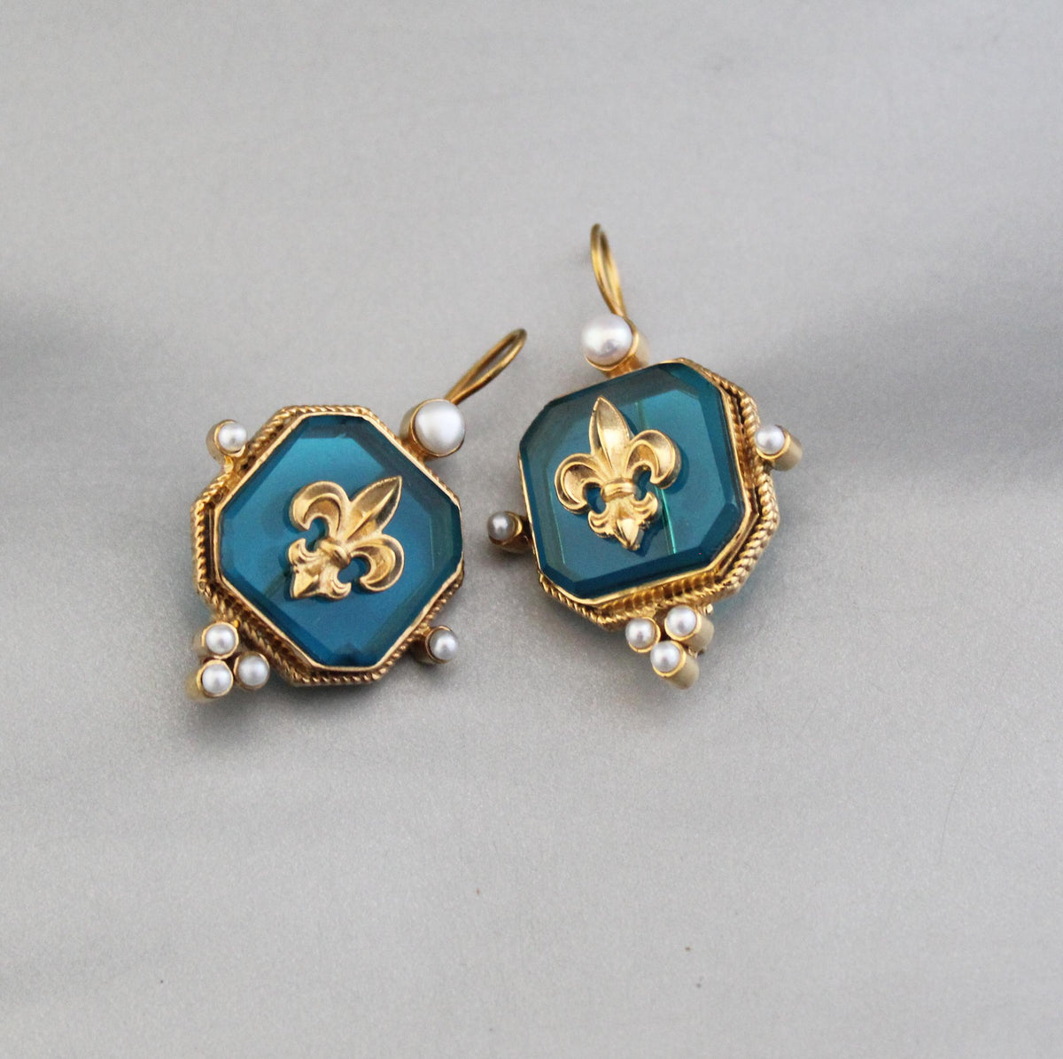 Turquoise Blue Fleur-de-lis Intaglio Earrings, Victorian Style, Gold Plated
