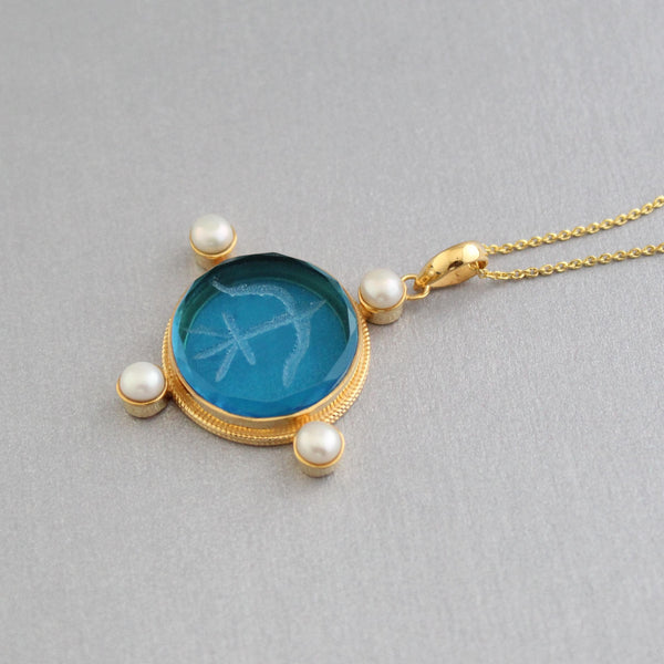 Blue Glass Intaglio Necklace, Vintage Style, 18K Gold Pendant