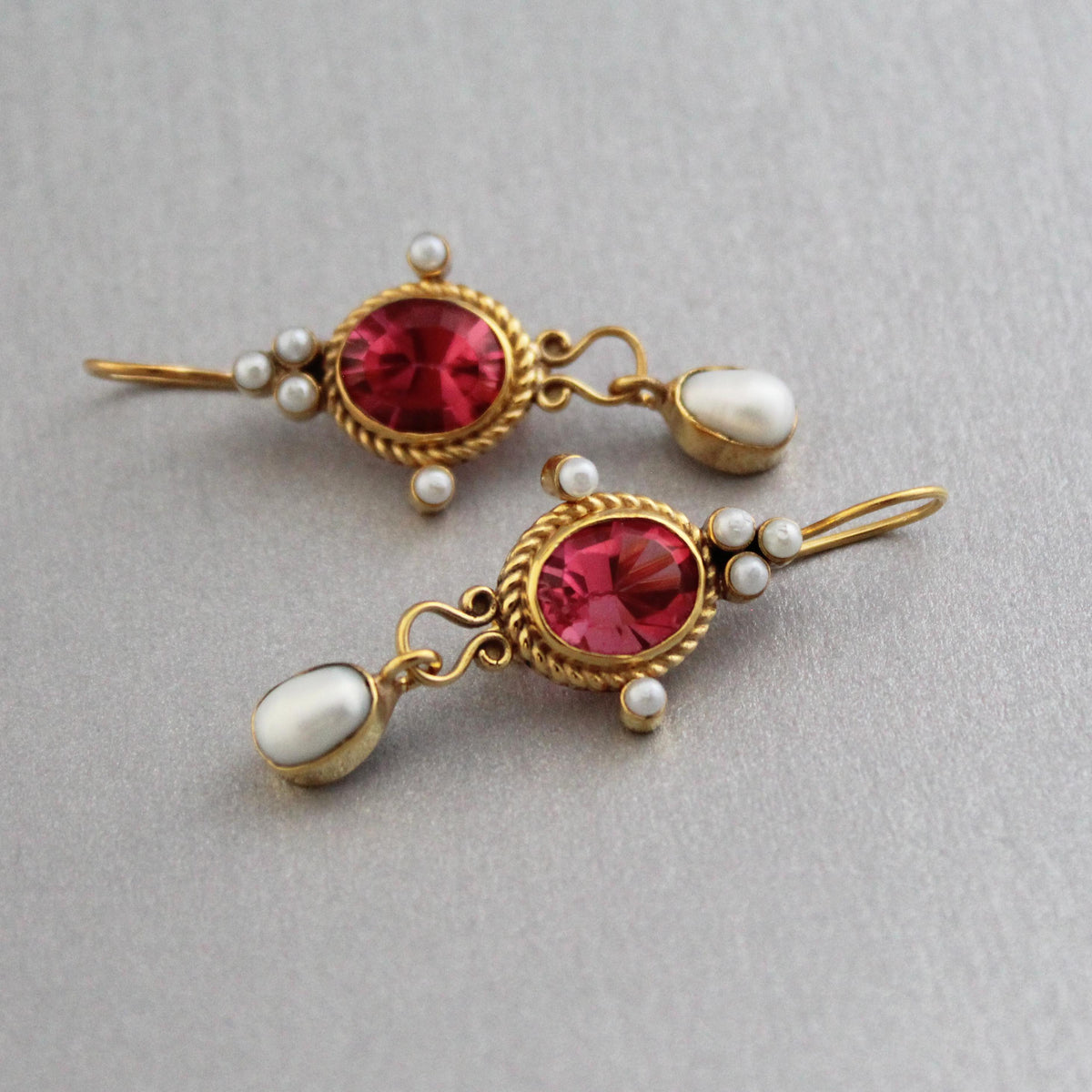 Pink Glass Intaglio Earrings, Roman Revival Style, Antique Gold Plated, photo 8