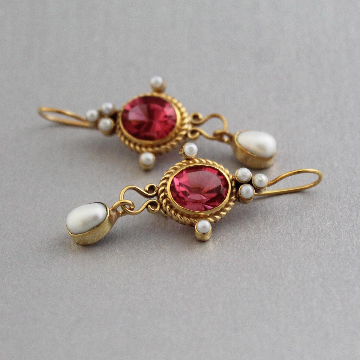 Pink Glass Intaglio Earrings, Roman Revival Style, Antique Gold Plated, photo 9