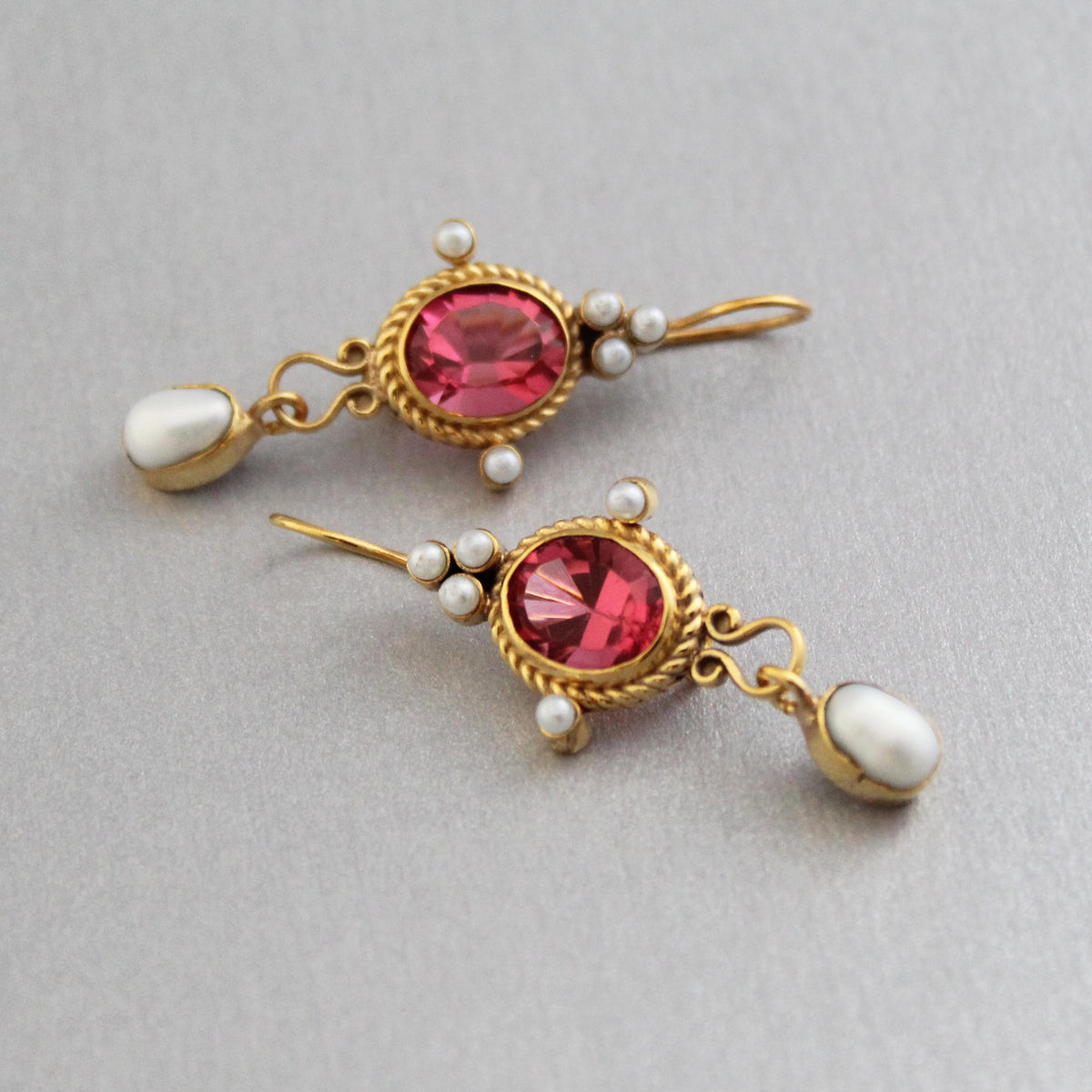 Pink Glass Intaglio Earrings, Roman Revival Style, Antique Gold Plated, photo 4