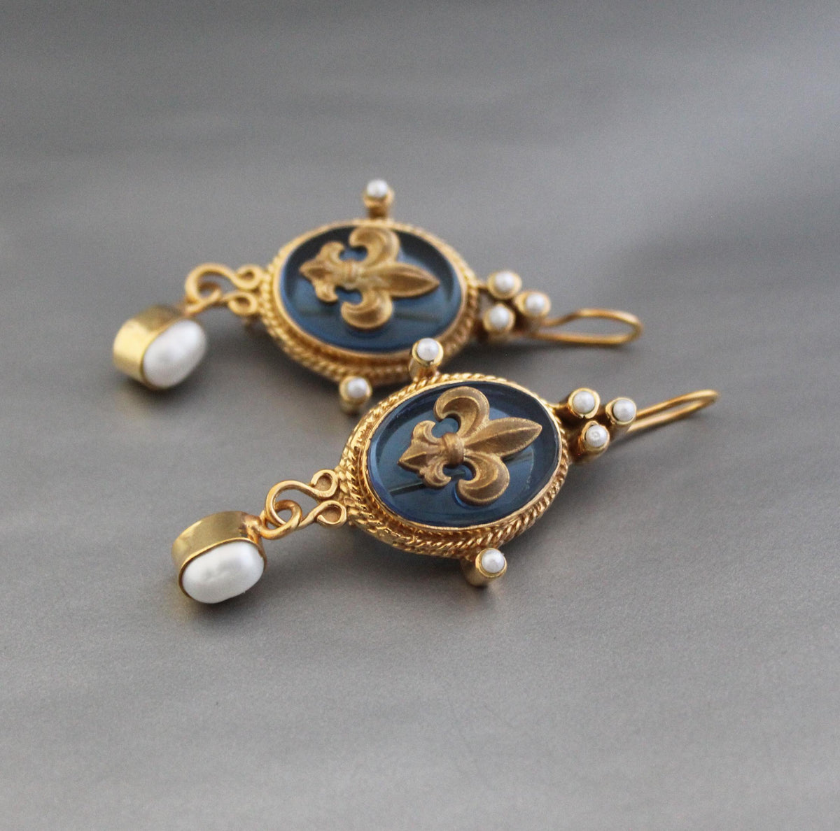 Blue Crystal Intaglio Earrings, Victorian Dangles, Gold Plated, photo 6