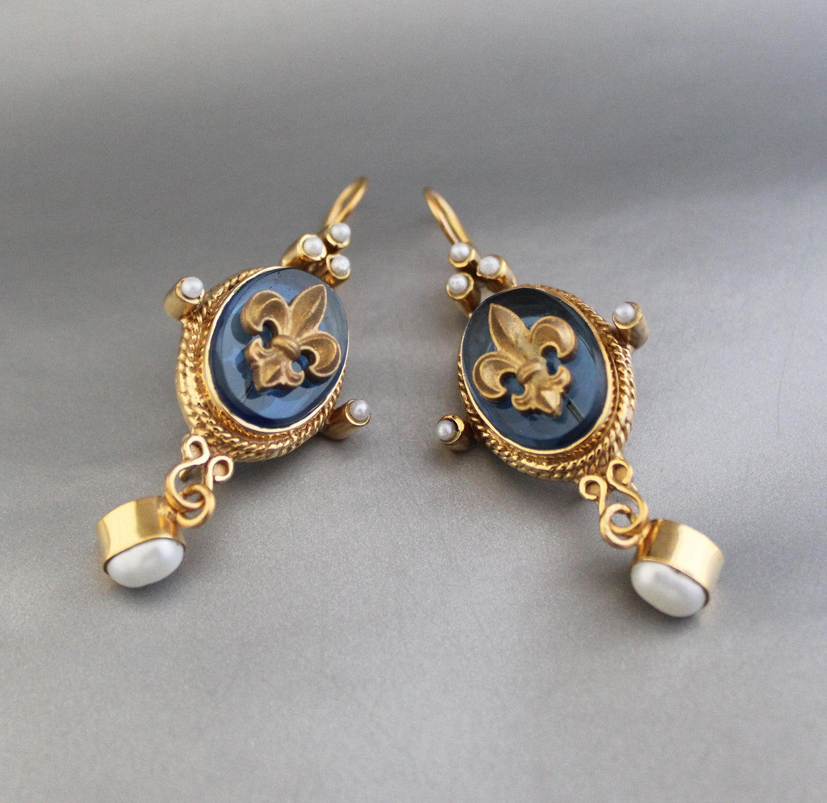 Blue Crystal Intaglio Earrings, Victorian Dangles, Gold Plated