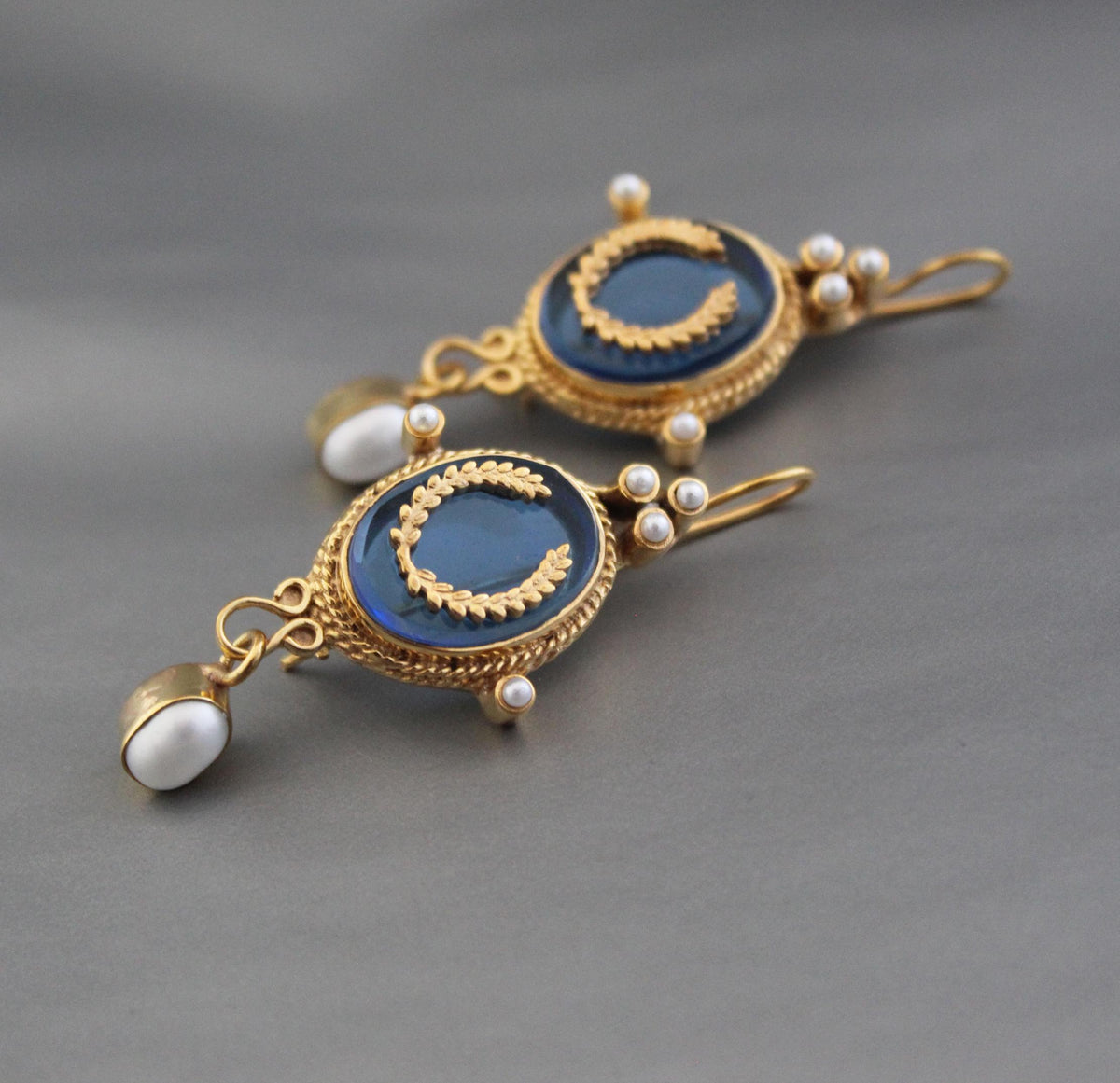 Blue Laurel Wreath Intaglio Earrings, Victorian Pearl Dangles, Gold Plated, photo 2